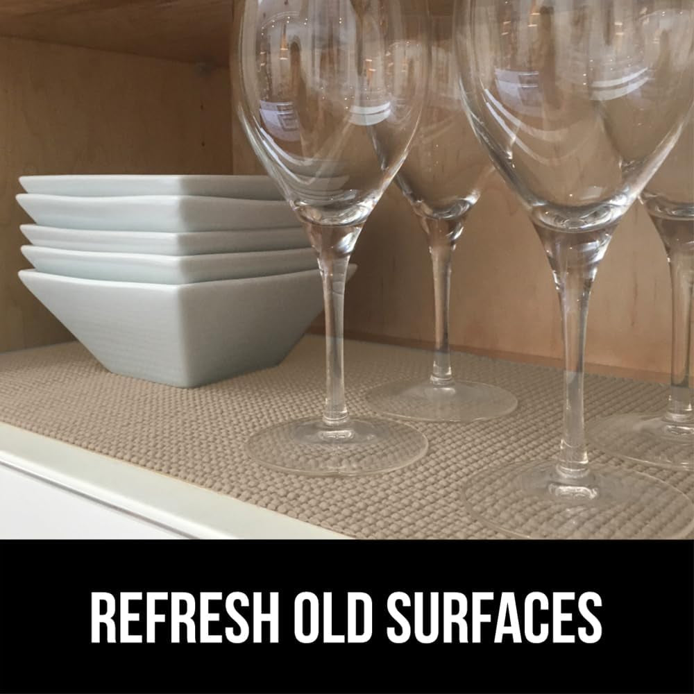 Drawer Shelf and Cabinet Liner, Thick Strong Grip, Non-Adhesive Liners Protect Kitchen Cabinets and Cupboard, Bathroom Drawers, Easy Install, Breathable Mat, 12" X20', Beige